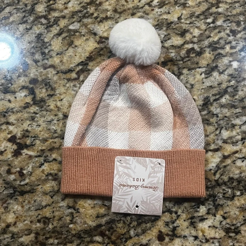 Tommy Bahama Kids Knit Beanie Tan White Buffalo Plaid Pom‎ Pom Winter Hat